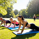 ** A diverse group of people joyfully participating in various core-strengthening exercises outdoors in a sunlit park. Include plank exercises, bridge exercises, crunches, and superman back extensions. Emphasize healthy, active lifestyles with bright, vibrant colors. Focus on correct form and positive energy.

**